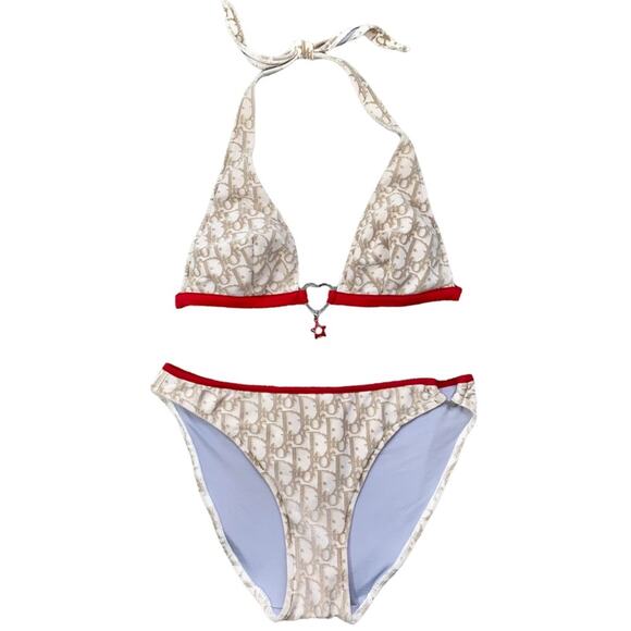 S AUTH VTG Christian Dior Tan Red Charm Trotter Logo Print Bikini Swimsuit - Picture 4 of 16